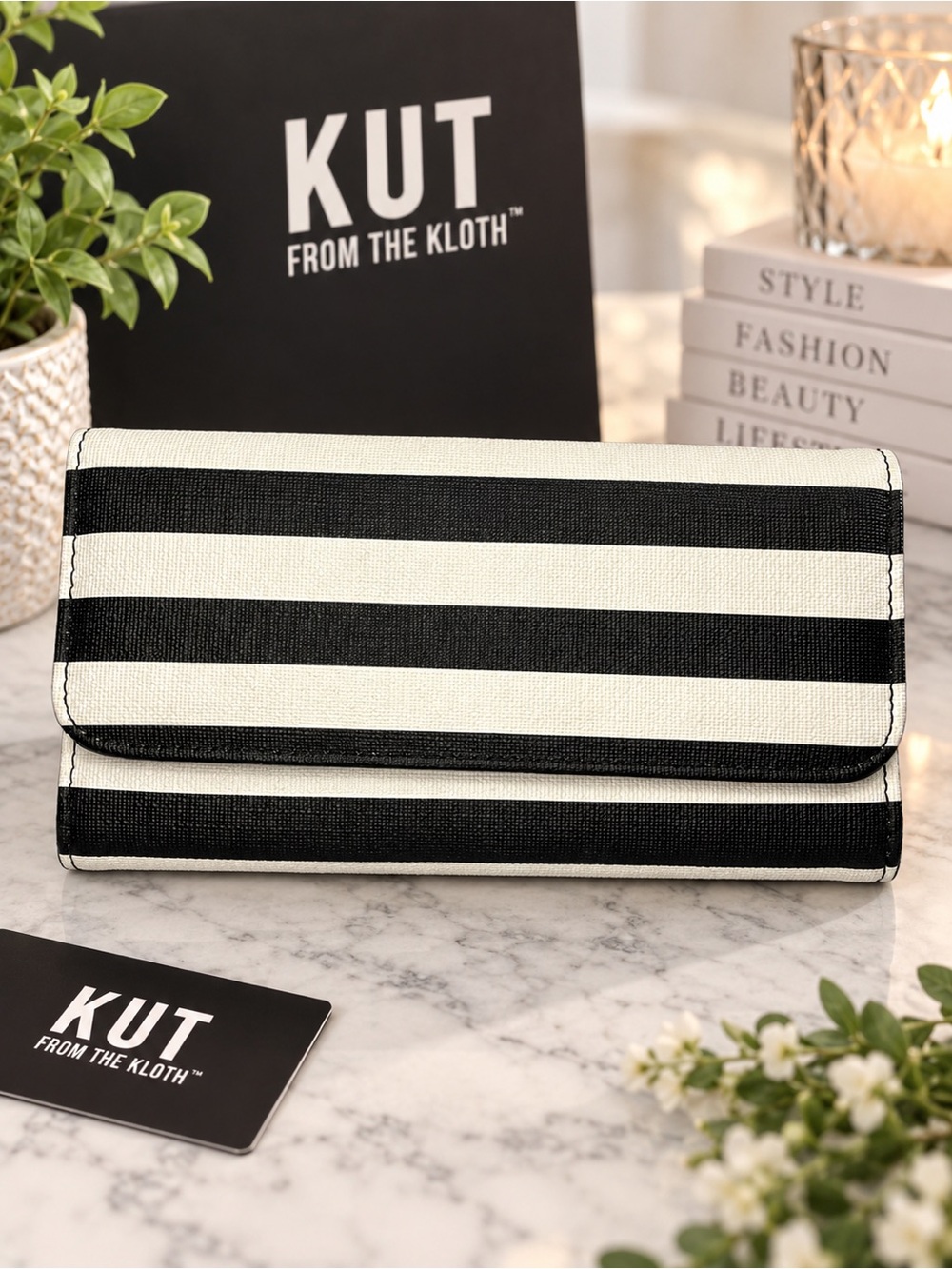 KUT From the Kloth Black & White Striped Continental Wallet Snap Closure